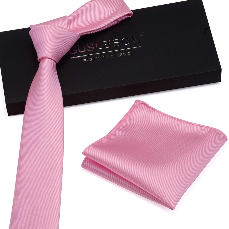 GUSLESON Wedding Slim Tie and Pocket Square Set For Men Solid Light Pink Ties Skinny Necktie (0754-26) - Image 2